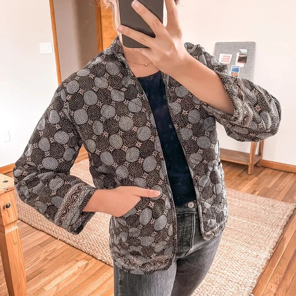RARE Natalie Martin Bohemian Star Dot Navy Designer Open Quilted Jacket Medium